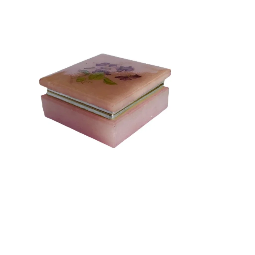 Alabaster Pink Trinket Box Violet Floral Hinged Lid Hand Carved Italy